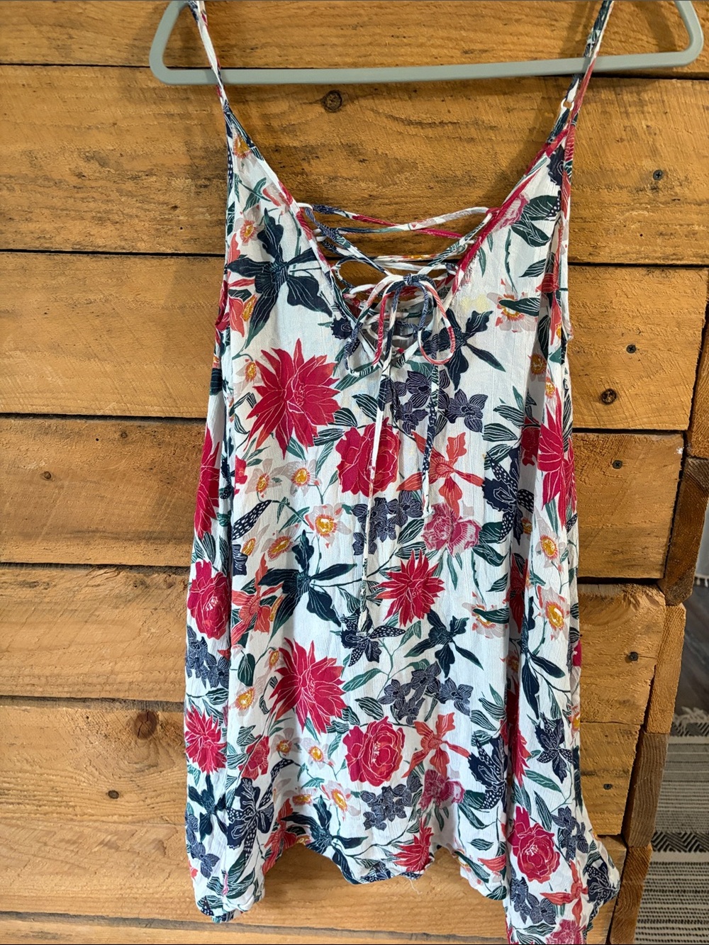 Roxy White Floral Lace-Up Mini Dress with Red & Navy Accents